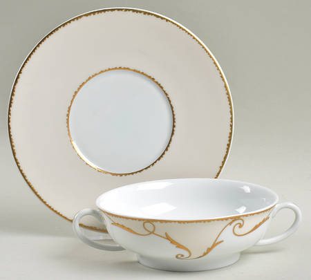 Follement (Gold Trim) Footed Cream Soup Bowl & Saucer Set