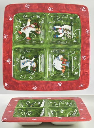 Tumbling Snowman (Red or Green Handles) Divided 4-Part Square Platter