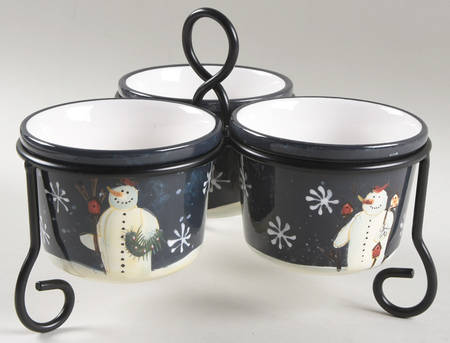 Twilight Snowman (White Stars) Condiment Bowl - Set of 3 Motifs & Metal Stand