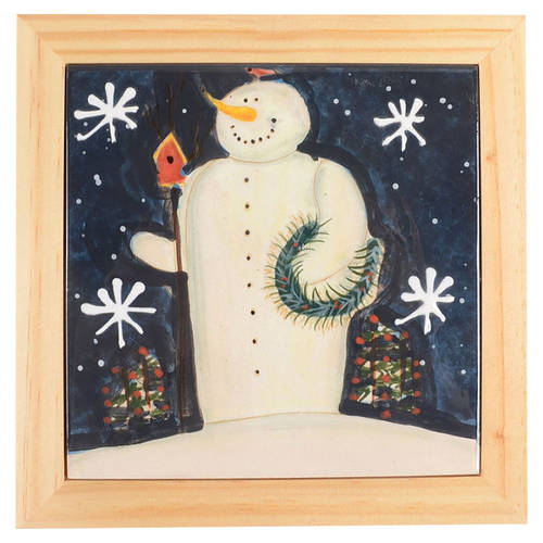 Twilight Snowman (White Stars) Square Wood Frame  Trivet
