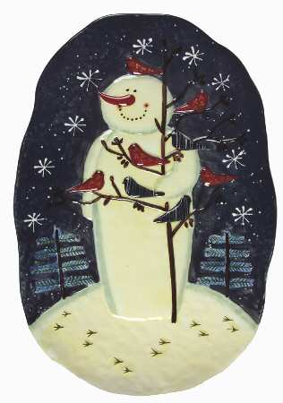 Twilight Snowman (White Stars) 16" Sculpted Oval Serving Platter