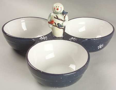 Twilight Snowman (White Stars) 3-Part Relish with Center Ceramic Handle