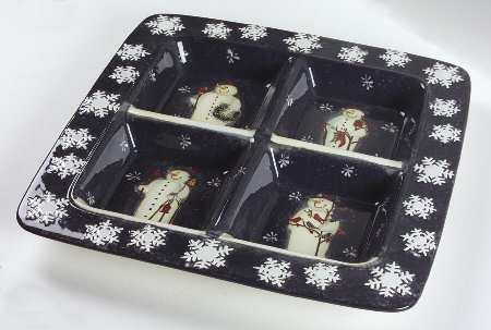 Twilight Snowman (White Stars) Divided 4-Part Square Platter