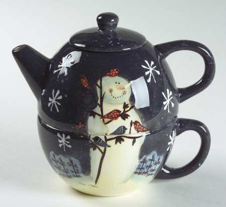 Twilight Snowman (White Stars) Individual Teapot & Lid with Cup