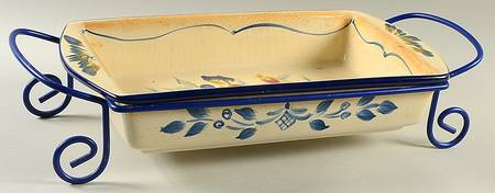 Tuscan Fruit Blue 16" Rectangular Baker with Metal Stand