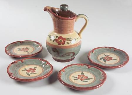 Tuscan Landscape Oil Jar/Cruet with Lid and 4 Dip Bowls