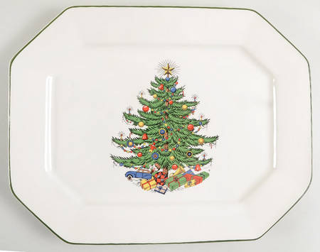 Christmas Tree (Narrow Green Band, White) 13" Rectangular Serving Platter