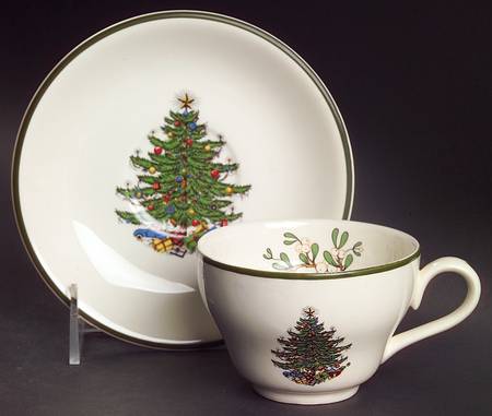 Christmas Tree (Narrow Green Band, White) Flat Cup & Saucer Set