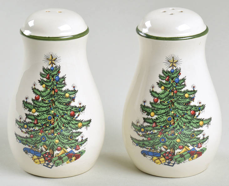 Christmas Tree (Narrow Green Band, White) Salt & Pepper Set