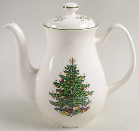 Christmas Tree (Narrow Green Band, White) Coffee Pot & Lid