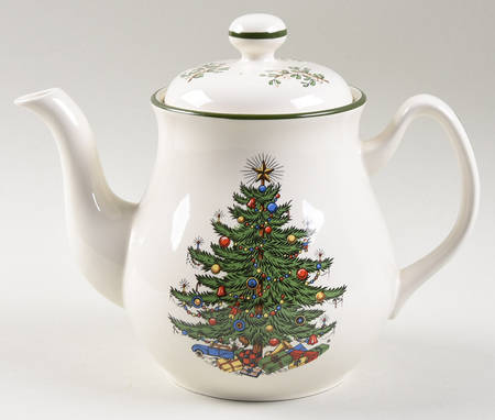 Christmas Tree (Narrow Green Band, White) Teapot & Lid