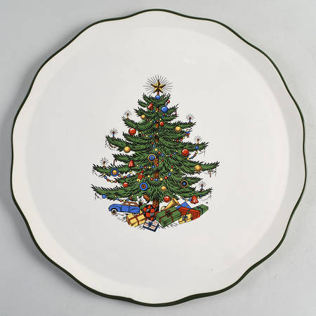 Christmas Tree (Narrow Green Band, White) Cake Plate