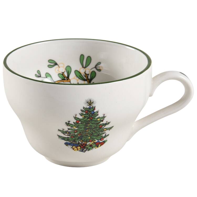 Christmas Tree (Narrow Green Band, White) Flat Cup