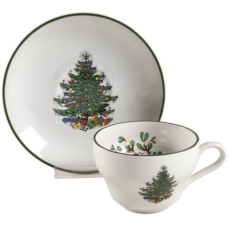 Christmas Tree (Narrow Green Band, White) Flat Cup & Saucer Set