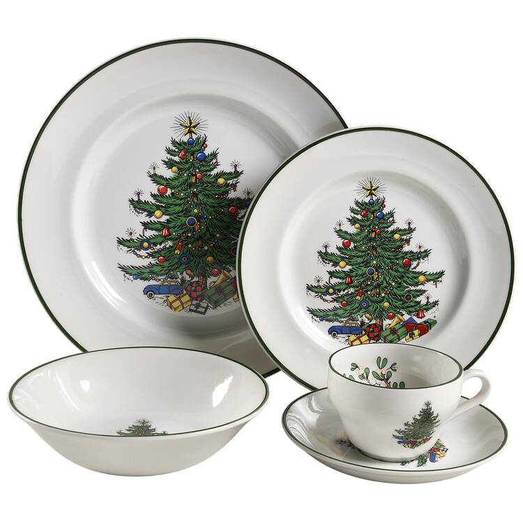 Christmas Tree (Narrow Green Band, White) 5 Piece Place Setting