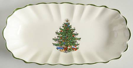 Christmas Tree (Narrow Green Band, White) Pickle Dish