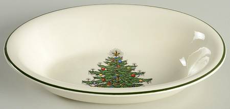 Christmas Tree (Narrow Green Band, White) 9" Oval Vegetable Bowl