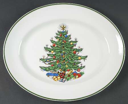 Christmas Tree (Narrow Green Band, White) 12" Oval Serving Platter