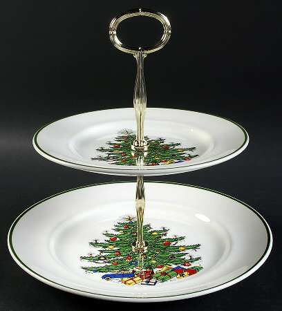 Christmas Tree (Narrow Green Band, White) 2 Tiered Serving Tray (Dinner & Salad Plate)
