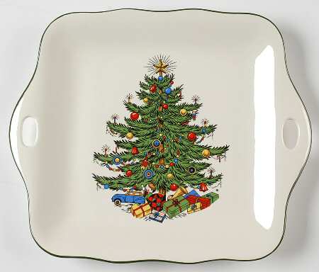 Christmas Tree (Narrow Green Band, White) Square Handled Cake Plate