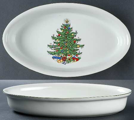 Christmas Tree (Narrow Green Band, White) 13" Oval Baker