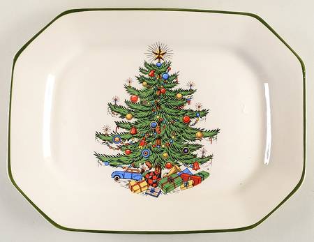 Christmas Tree (Narrow Green Band, White) 11" Rectangular Serving Platter