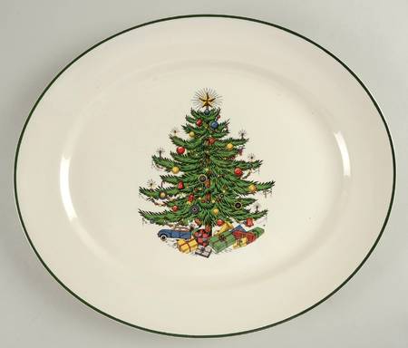 Christmas Tree (Narrow Green Band, White) 13" Oval Serving Platter