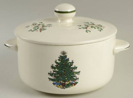 Christmas Tree (Narrow Green Band, White) 1 Qt Round Covered Casserole