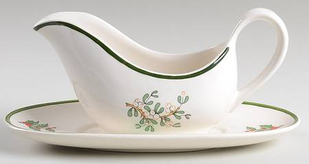 Christmas Tree (Narrow Green Band, White) Gravy Boat & Underplate