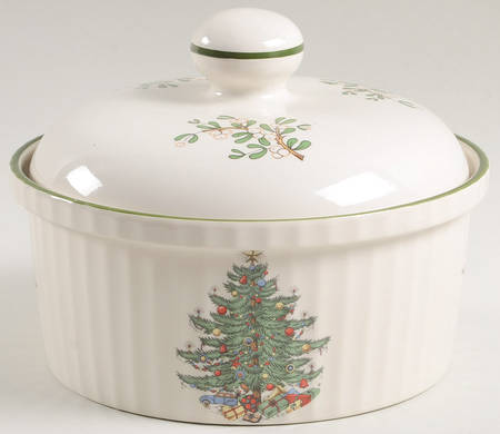 Christmas Tree (Narrow Green Band, Cream, Newer) 1 Qt Round Covered Casserole