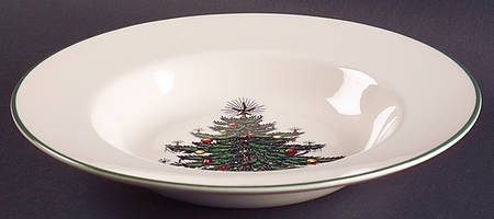 Christmas Tree (Narrow Green Band, Cream, Newer) Large Rim Soup Bowl