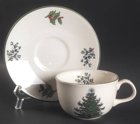 Christmas Tree (Narrow Green Band, Cream, Newer) Flat Cup & Saucer Set