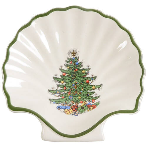 Christmas Tree (Narrow Green Band, Cream, Newer) Small Shell Shaped Dish