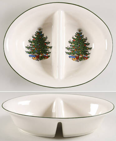 Christmas Tree (Narrow Green Band, Cream, Newer) 11" Oval Divided Vegetable Bowl