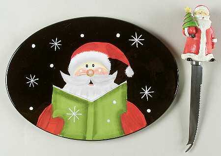 Holiday Santa Oval Cheese Plate with Knife