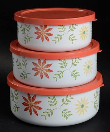Happy Days (Corelle) (3 Piece) Metal Bowl W/Plastic Lids (5", 6", 7")