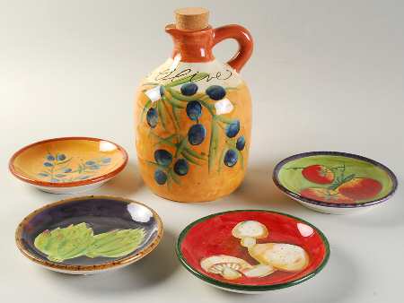 Gourmet Veggies (Oil Set) Jar with Cork Stopper &4 Motif Dip Bowls