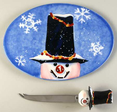 Top Hat Snowman (Blue) Oval Cheese Plate with Knife