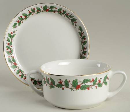 American Holly Flat Cream Soup Bowl & Saucer Set