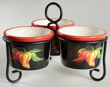 Chili Pepper Condiment Bowl - Set of 3 & Metal Stand