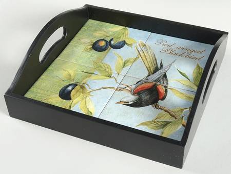 Botanical Birds Square Wood Tray with Tile Insert