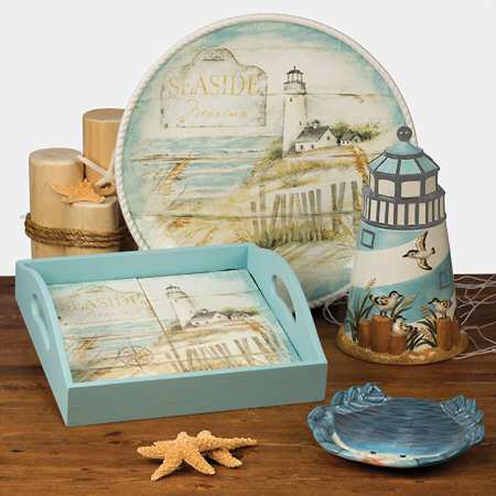 Beach Cottage Square Wood Tray with Tile Insert
