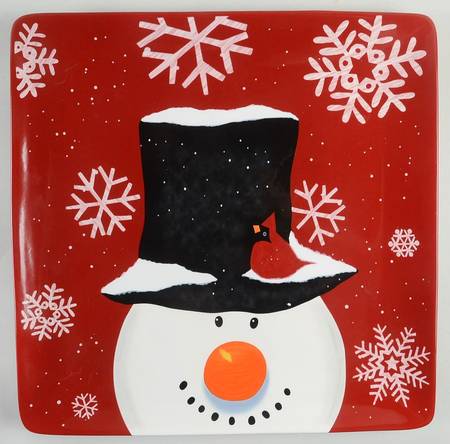 Top Hat Snowman (Red) 14" Square Platter