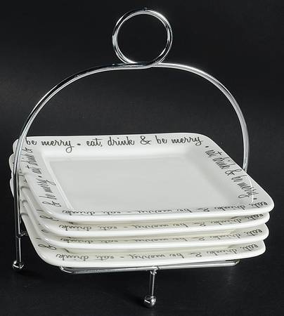 Be Merry Platinum Square Appetizer Plate & Metal Stand - Set of 4 by Ciroa