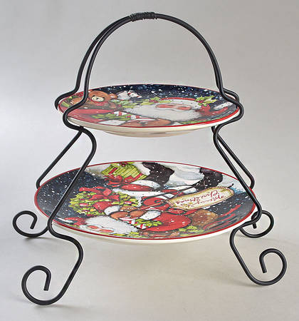 Snowy Night Santa 2 Tier Server Plates & Metal Stand