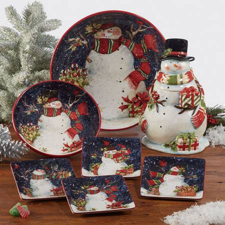 Snowy Night Snowman Square Canape Plate