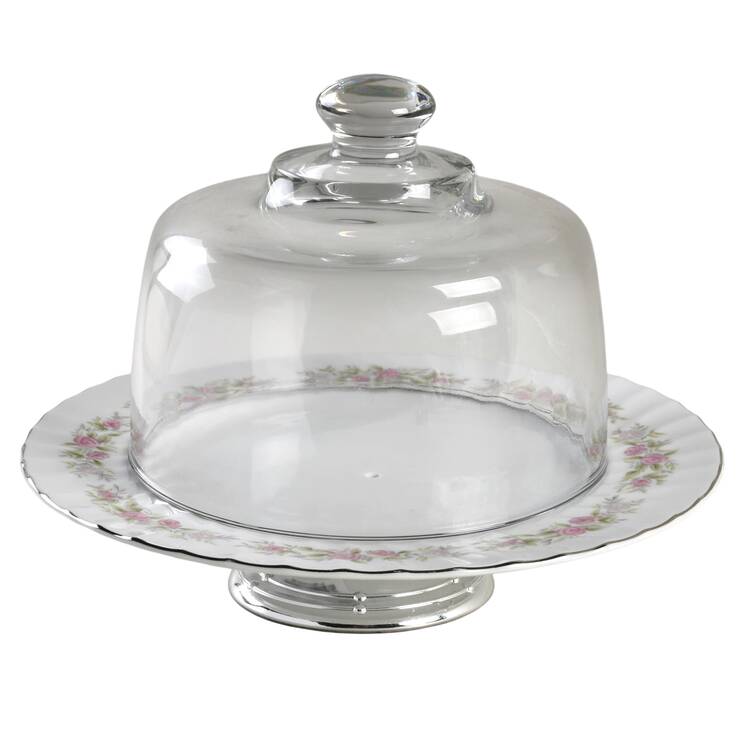 Teahouse Rose 6 1/2"-7 1/2" Footed Cheese Plate w/ Glass Dome HC