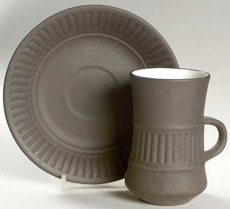 Flamestone Fluted Brown (Older) Flat Demitasse Cup & Saucer Set