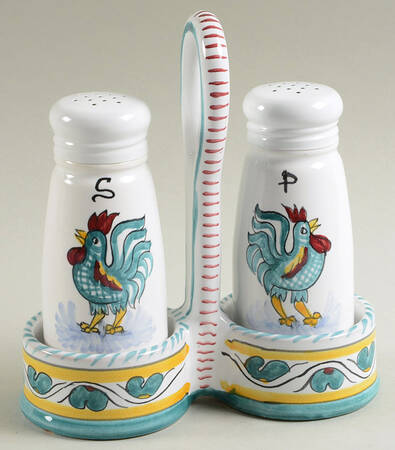 Green Rooster (Orvieto) Salt & Pepper w/Metal Lids & Tray Set