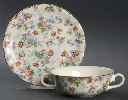 DORSET (CHEERY CHINTZ, GOLD TRIM) Flat Cream Soup Bowl & Saucer Set